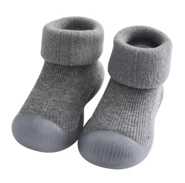 Rubber Sole Plush Lined Non-Slip Sock Shoe, Charcoal Grey, Unisex