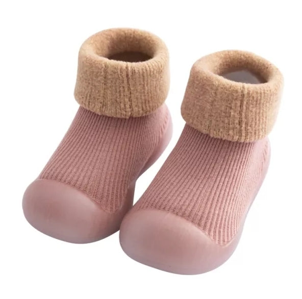 Rubber Sole Plush Fleece Lined Non-Slip Sock Shoe, Dusty Rose Pink