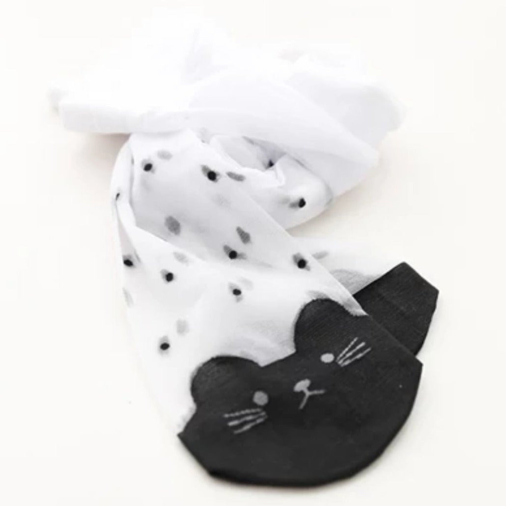 girls kitty face textured black & white tights