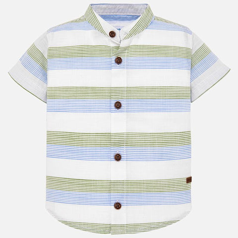 Mayoral 1129 Mao Collar Green & Blue Striped Little Boys Button Up