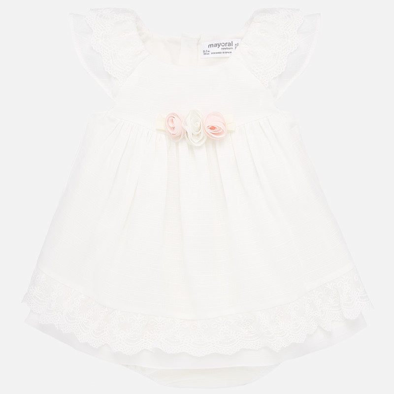 Mayoral 1876 Baby Girls White Lace Trim Dress with pink rose accents
