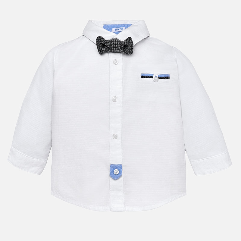 boys 2128 mayoral white dress shirt, houndstooth bow tie, chambray details