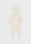 2509 Mayoral Boys Knitted Footie Sweater and Hat Set, Oat Milk Natural, Eco-friendly