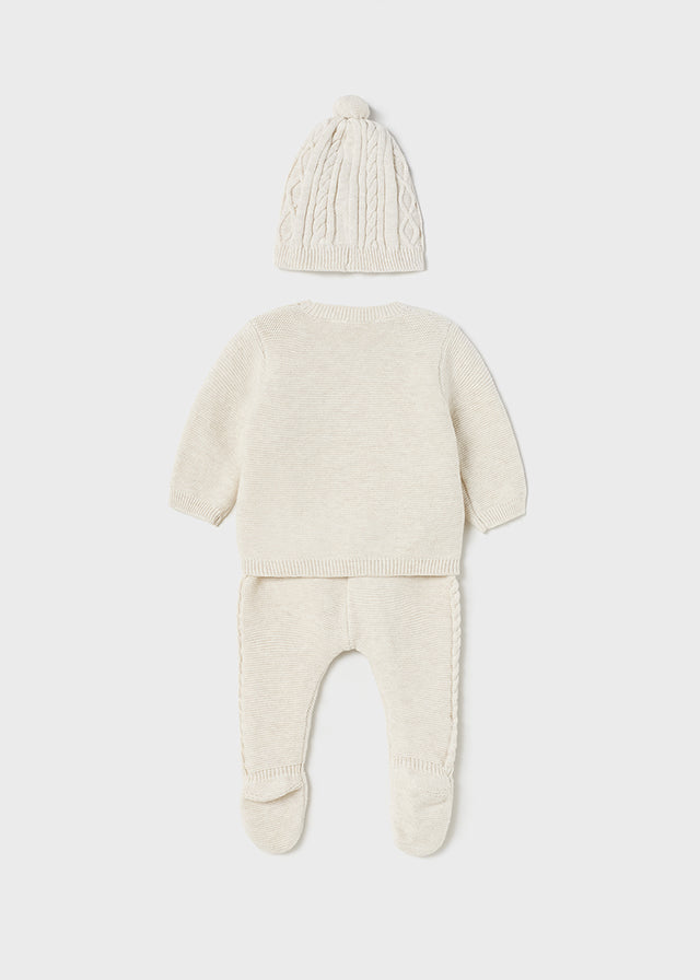 2509 Mayoral Boys Knitted Footie Sweater and Hat Set, Oat Milk Natural, Eco-friendly