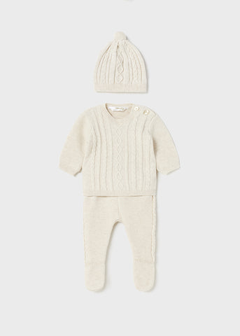 2509 Mayoral Boys Knitted Footie Sweater and Hat Set, Oat Milk Natural, Eco-friendly