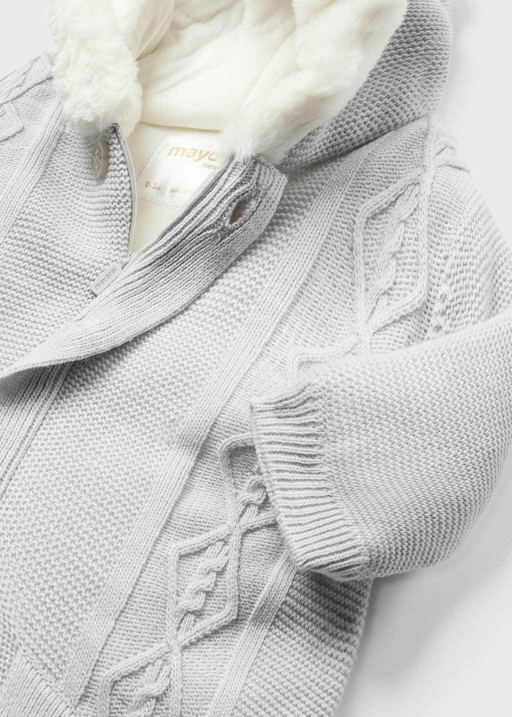 2623 Mayoral UNISEX Heirloom Hooded Bunting Footie, Plush Lined, Grey Cable Knit