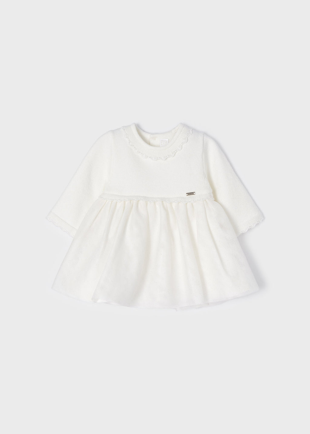 2822 L/S Combined Knit & Sparkle Tulle Formal Dress, Soft White