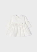 2822 L/S Combined Knit & Sparkle Tulle Formal Dress, Soft White