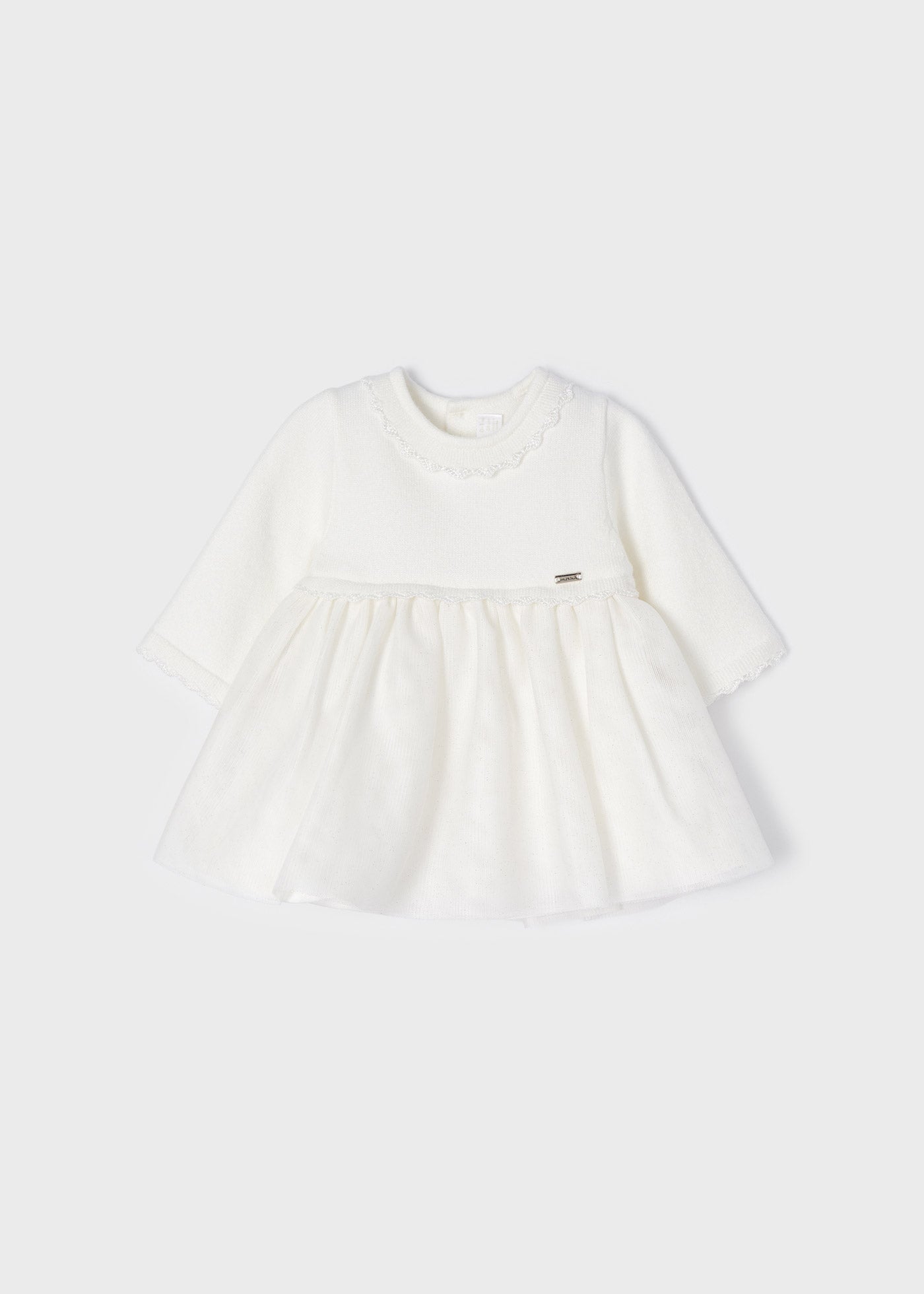 2822 L/S Combined Knit & Sparkle Tulle Formal Dress, Soft White