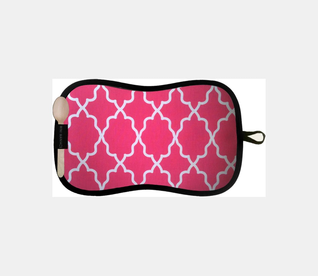 Vegan Leather, 3PC Travel Placemat, Bib, & Wooden Spoon & Bib Set, Raspberry Lattice