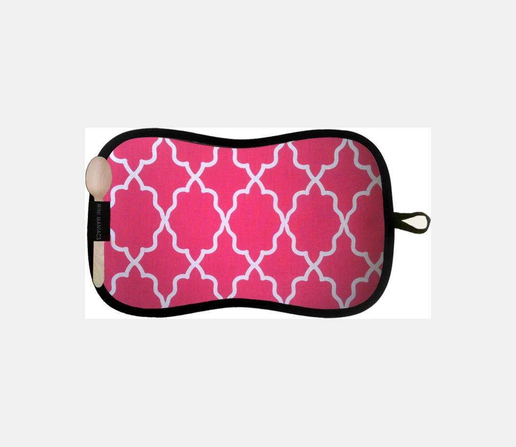 Vegan Leather, 3PC Travel Placemat, Bib, & Wooden Spoon & Bib Set, Raspberry Lattice