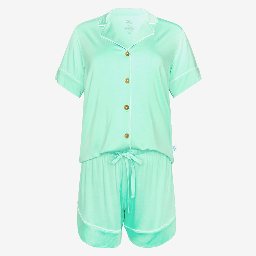 Posh Peanut Bamboo Women's Collared S/S Shorts Pajama Set - Solid Sea Glass