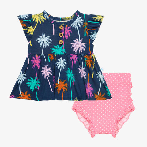 Posh Peanut Ruffled Capsleeve Henley Peplum Top & Bloomer/Bummie Set- Palmer Palm Trees