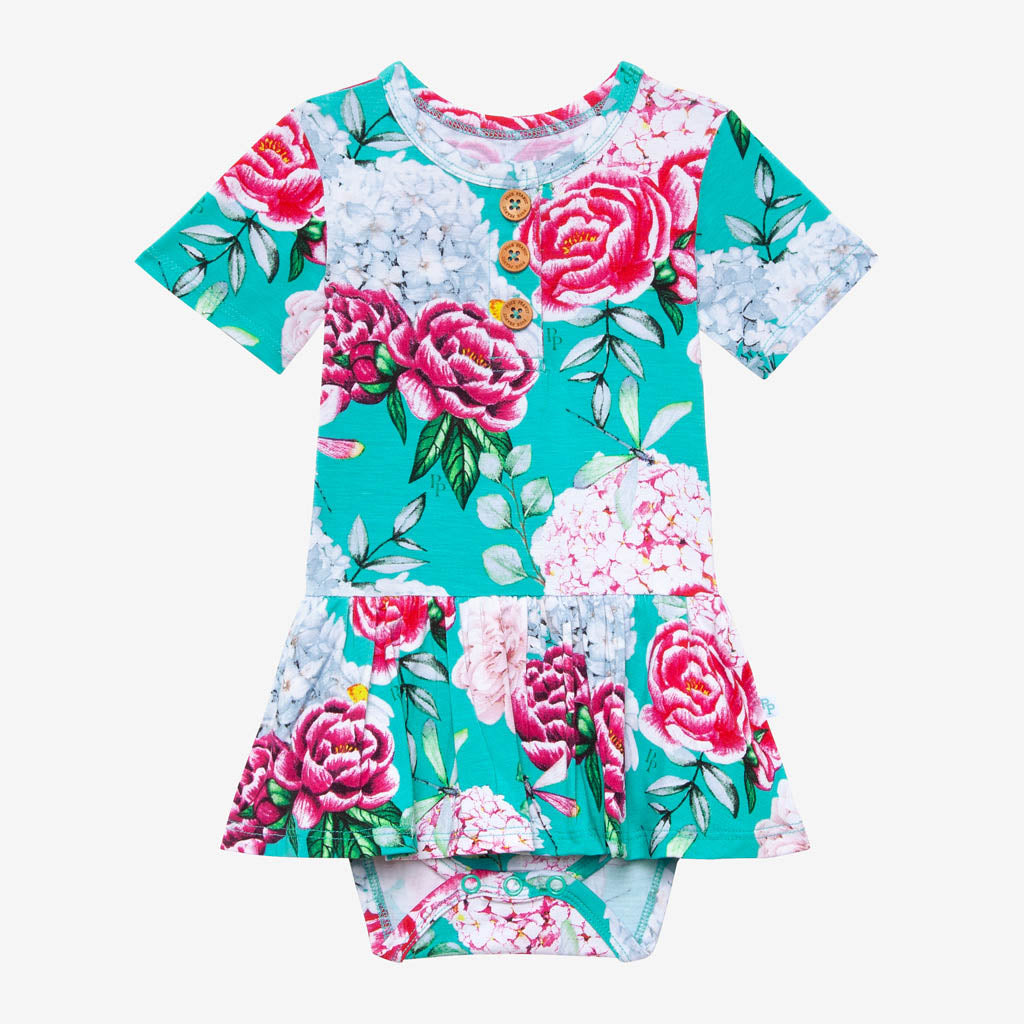 Posh Peanut Bamboo Henley Twirl Skirted Bodysuit, Eloise Floral/Dragonfly