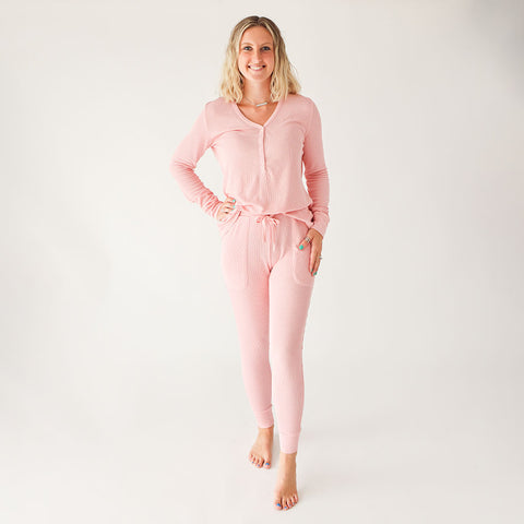 Posh Peanut Bamboo Women's L/S Jogger Pajama Set - Fall Rose Pink Waffle
