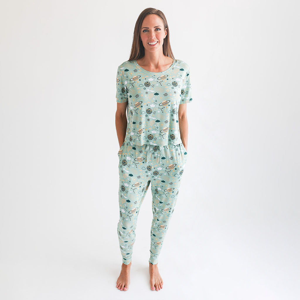 Posh Peanut Bamboo Women's S/S Scoop Neck Lounge Jogger Pajama Set - To The Stars