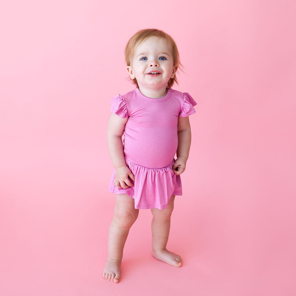 Posh Peanut Bamboo Basic S/S Twirl Skirted Bodysuit - Solid Pink Peony