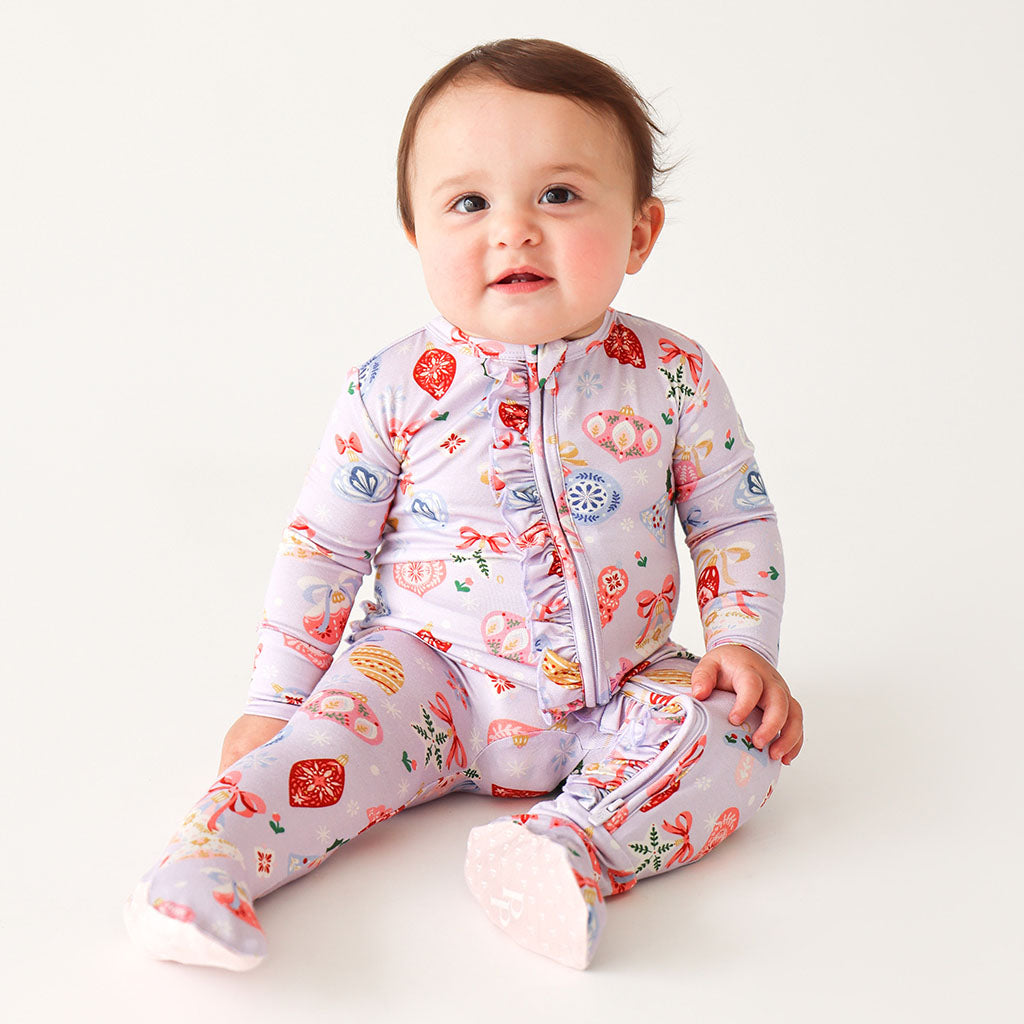 Posh Peanut Bamboo RUFFLED Zippered Footie -  Holly Holiday Ornaments