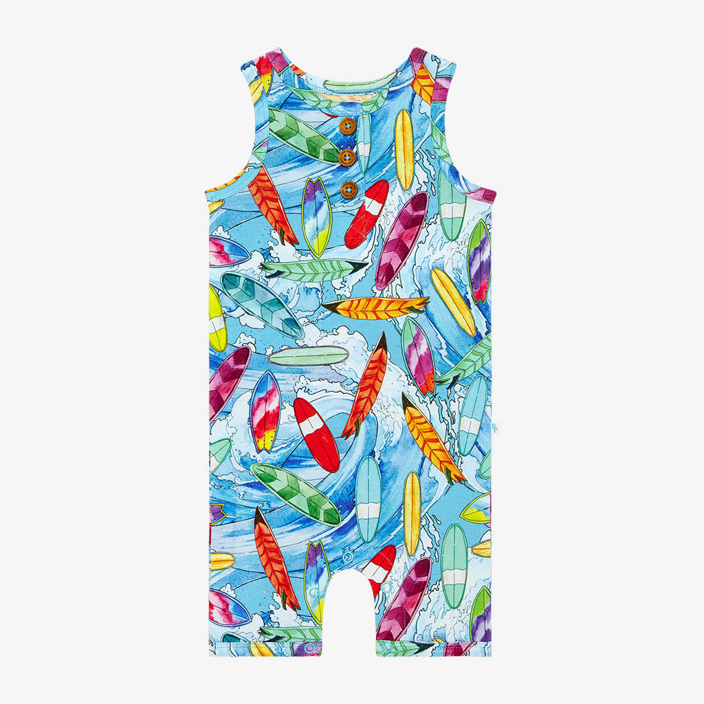 Posh Peanut Bamboo UNISEX Racerback Henley Short Romper -  Waves Surfboard