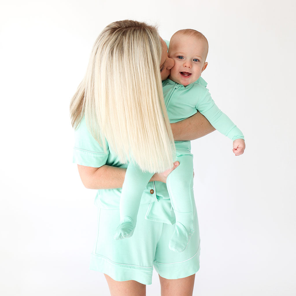 Posh Peanut Bamboo Women's Collared S/S Shorts Pajama Set - Solid Sea Glass