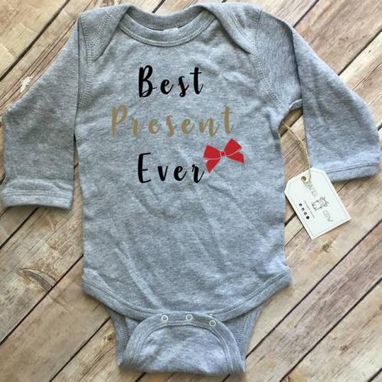 Best Present Ever - L/S Bodysuit, Grey first Christmas bodysuit oneise