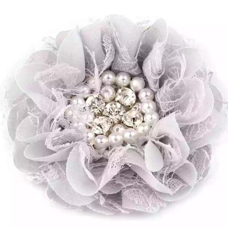 handmade non-slip grey flower hair clips with pearls and crystals