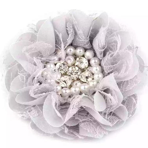 Handmade Non-Slip Hair Clips - 3.5" Grey Flower With Pearls And Crystals