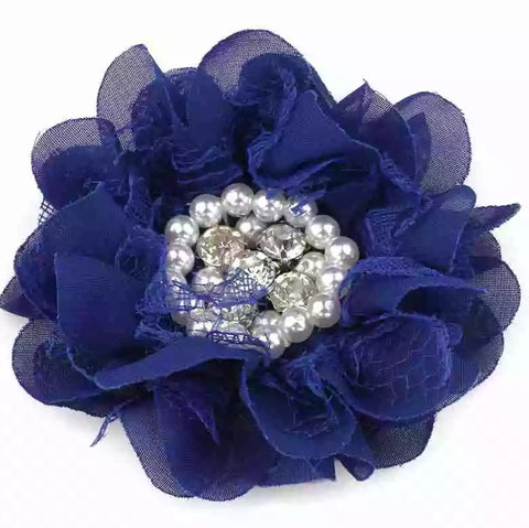 Handmade Non-Slip Hair Clips - 3.5" Navy Flower With Pearls And Crystals