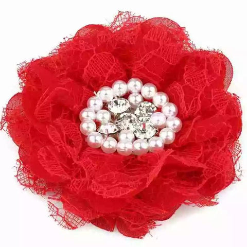 Handmade Non-Slip Hair Clips - 3.5" Red Flower With Pearls And Crystals