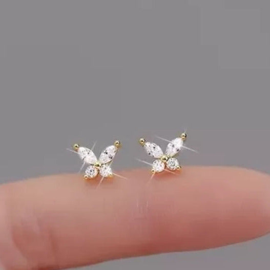 childrens pierced earrings, butterfly, gold plated cz rhinestone crystals