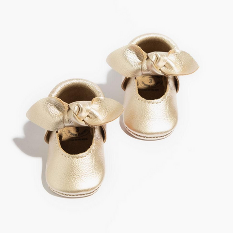Freshly Picked, Knotted Leather Bow Moccassins, Platinum Gold