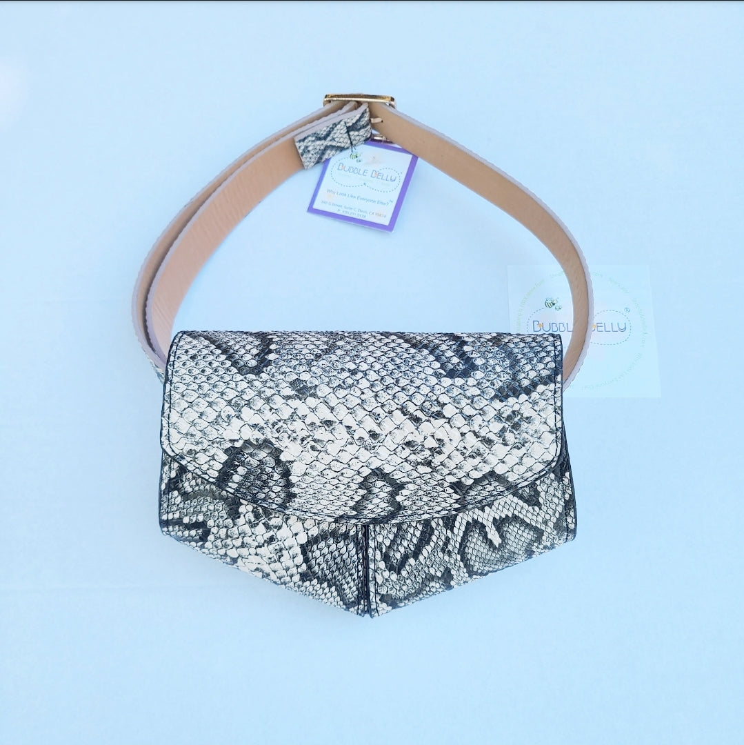 Faux Snakeskin Fanny Pack, Belt Bag - Black/Tan