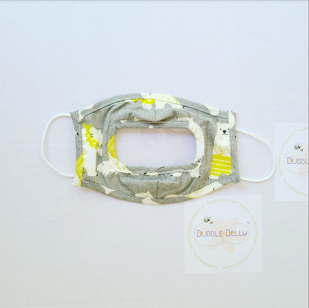 Face Mask w/Clear Panel, Lip Reading, Reusable - Kids Size, Grey Polar Bear