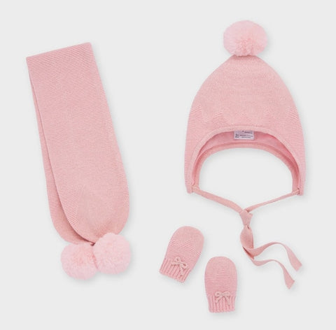 9312 Mayoral Lurex Puff Scarf, Beanie, & Mitten Set, Blush Pink