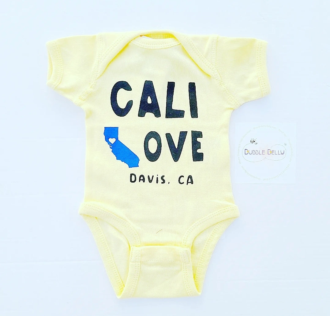 Cali Love, Davis CA Custom Print Snap Bodysuit, Sunshine Yellow