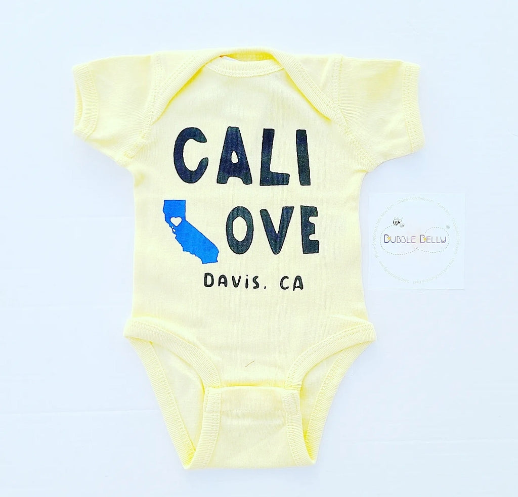 Cali Love, Davis CA Custom Print Snap Bodysuit, Sunshine Yellow
