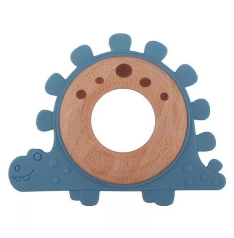 Teething Toy - Silicone & Raw Wood Chew & Teething Ring, Dinosaur Stegosaurus Blue