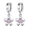 925 Sterling Silver Dangle Flower with Pink Rhinestone in the Center, Silver Huggies Flower Earrings