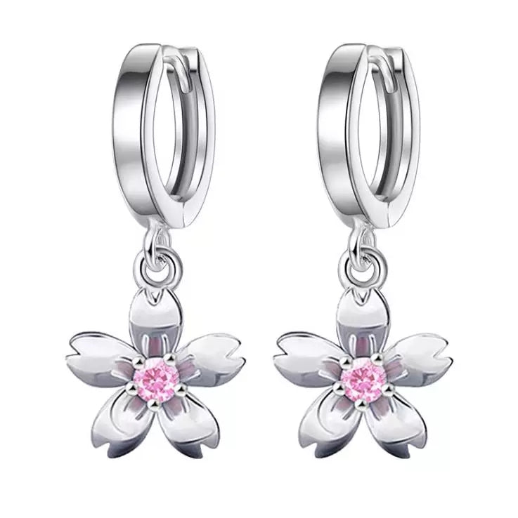 925 Sterling Silver Dangle Flower with Pink Rhinestone in the Center, Silver Huggies Flower Earrings
