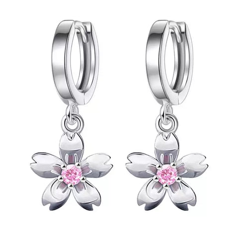 925 Sterling Silver Kids Pierced Earrings, Dangle Pink Rhinestone Flower