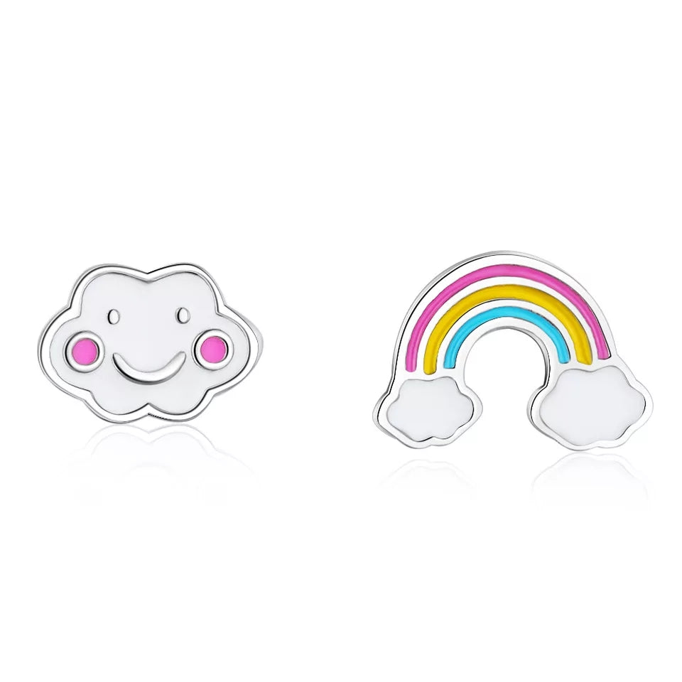 925 Sterling Silver Kids Pierced Earrings, Rainbow and Cloud
