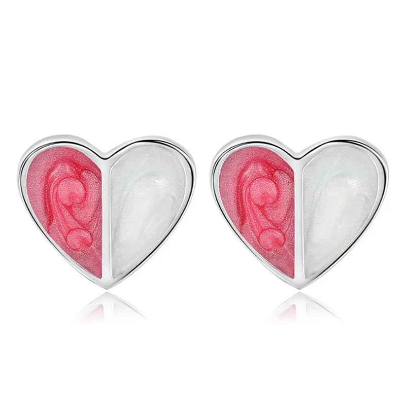 925 Sterling Silver Kids Pierced Earrings, Pink and White Enamel Heart Stud Earrings