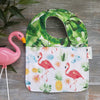 tropical print bib, palm leaves & flamingos, pineapple drool bib