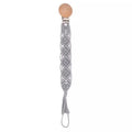 Handmade Braided Crochet Gray Universal Teether Pacifier Clip, Natural Beech Wood Clip, Stretchy Loop 