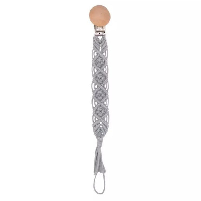 Handmade Braided Crochet Gray Universal Teether Pacifier Clip, Natural Beech Wood Clip, Stretchy Loop 