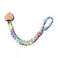 Handmade Braided Crochet Rainbow Universal Teether Pacifier Clip, Natural Beech Wood Clip, Stretchy Loop 