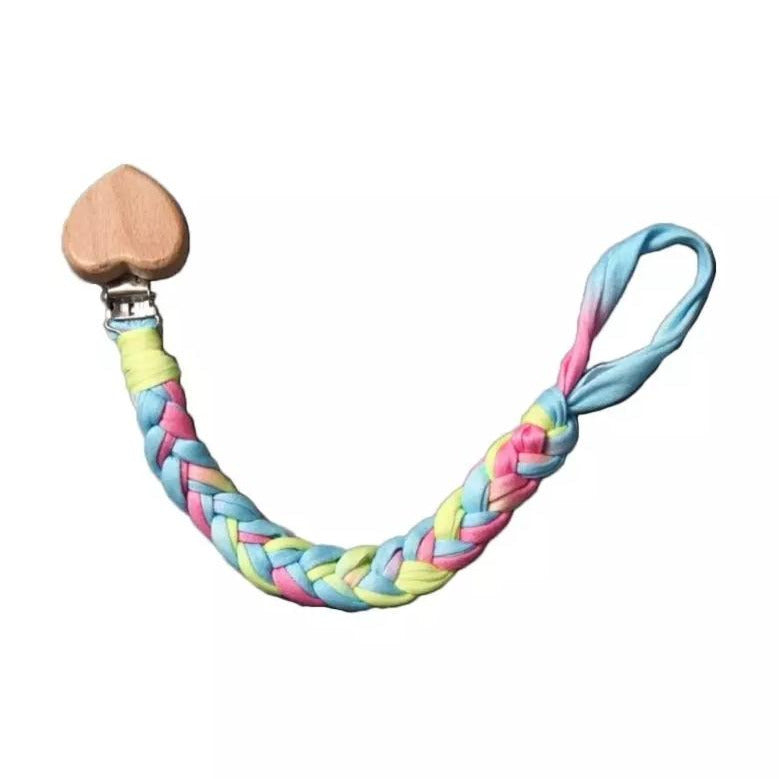 Handmade Braided Crochet Rainbow Universal Teether Pacifier Clip, Natural Beech Wood Clip, Stretchy Loop 