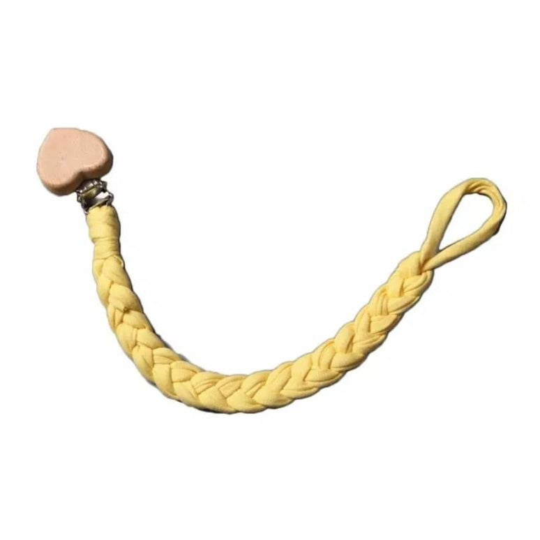 Handmade Braided Crochet Yellow Universal Teether Pacifier Clip, Natural Beech Wood Clip, Stretchy Loop 