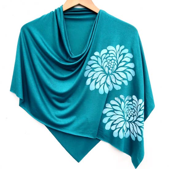 Women's Hand-Printed Jersey Poncho, White Chrysanthemum Teal