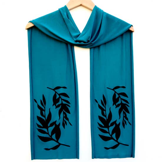 Ladies Hand-Printed Skinny Jersey Scarf, Black Botanical Teal